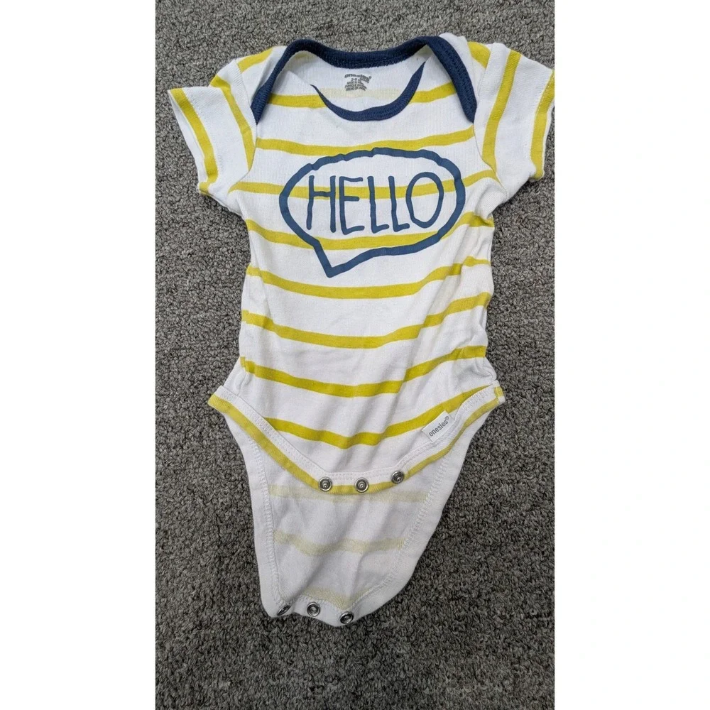 Gerber Onesie Baby Bodysuit 3-6M Yellow White Striped Hello Graphic Short Sleeve
